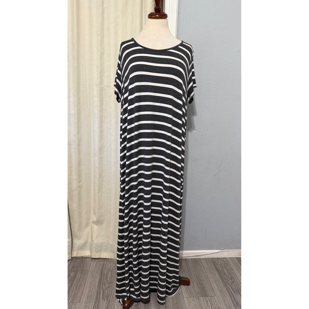 Lagenlook Maxi Dress 3X Stretchy Charcoal Gray White Striped Short Sleeve Summer